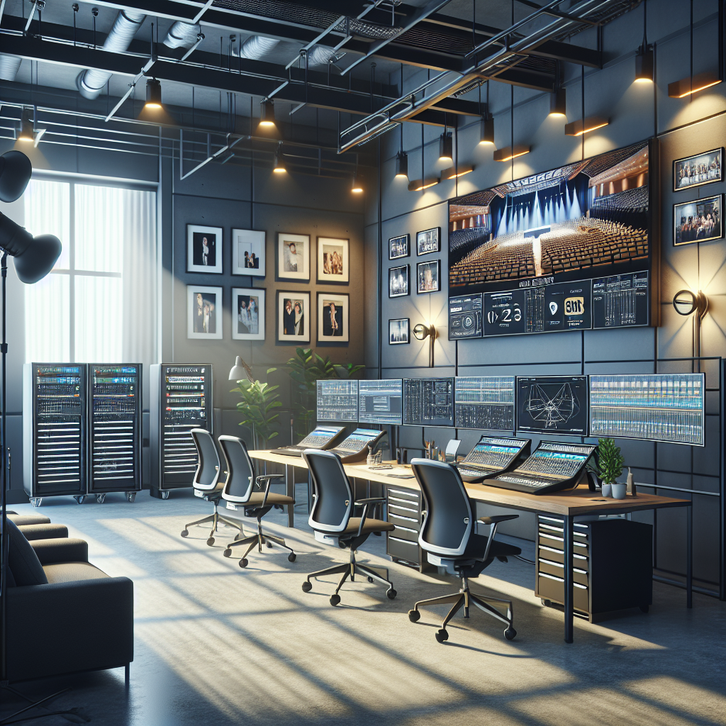 Modern audiovisual company office with equipment testing area