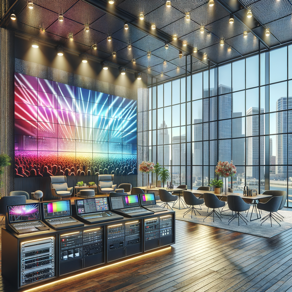 Professional event lighting setup with modern AV equipment and Boston skyline