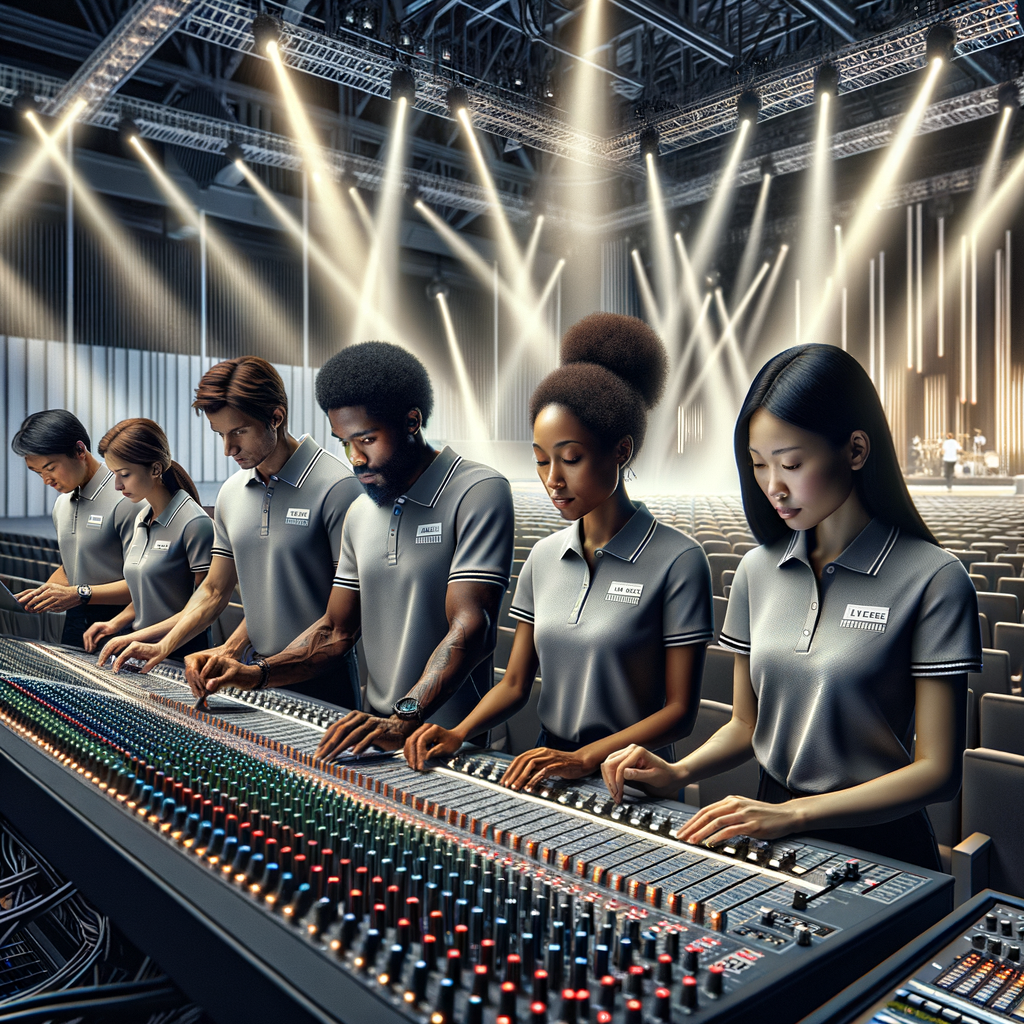 AV technicians setting up audiovisual equipment at corporate conference venue with stage lighting