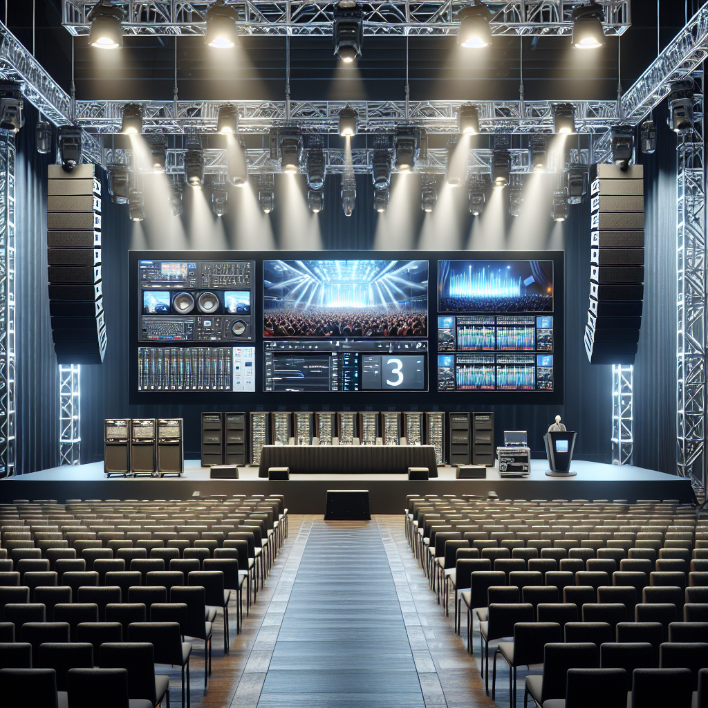 Corporate event setup with LED video wall, line array speakers, and professional stage lighting