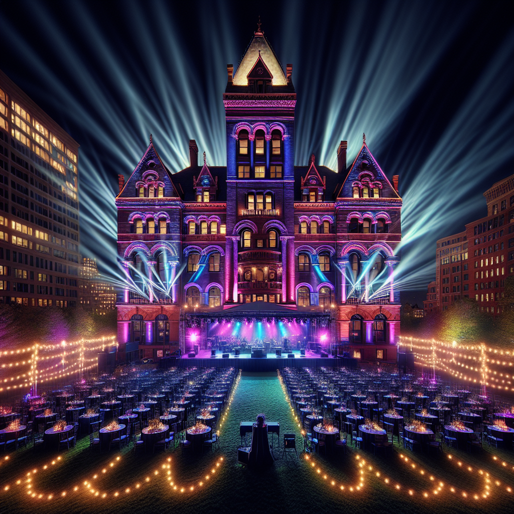 Spectacular outdoor event lighting on Boston brick building with uplighting and moving head spotlights